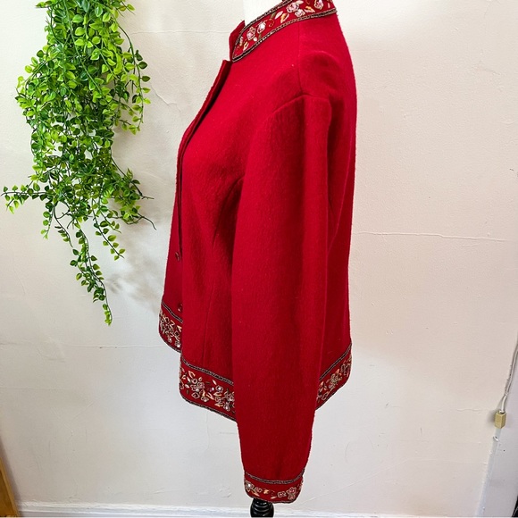 Talbots Vintage Red Wool Embroidered Beaded Jacket Large - Picture 9 of 10